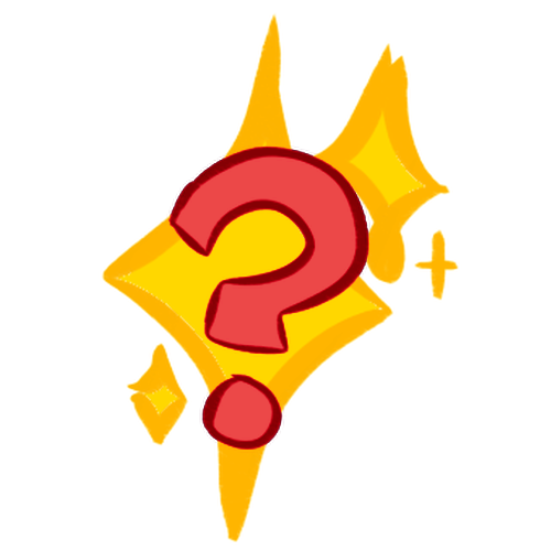 A drawing of a red question mark in front of some yellow sparkles. The outlines are colored dark red and orange respectively, rather than black. 